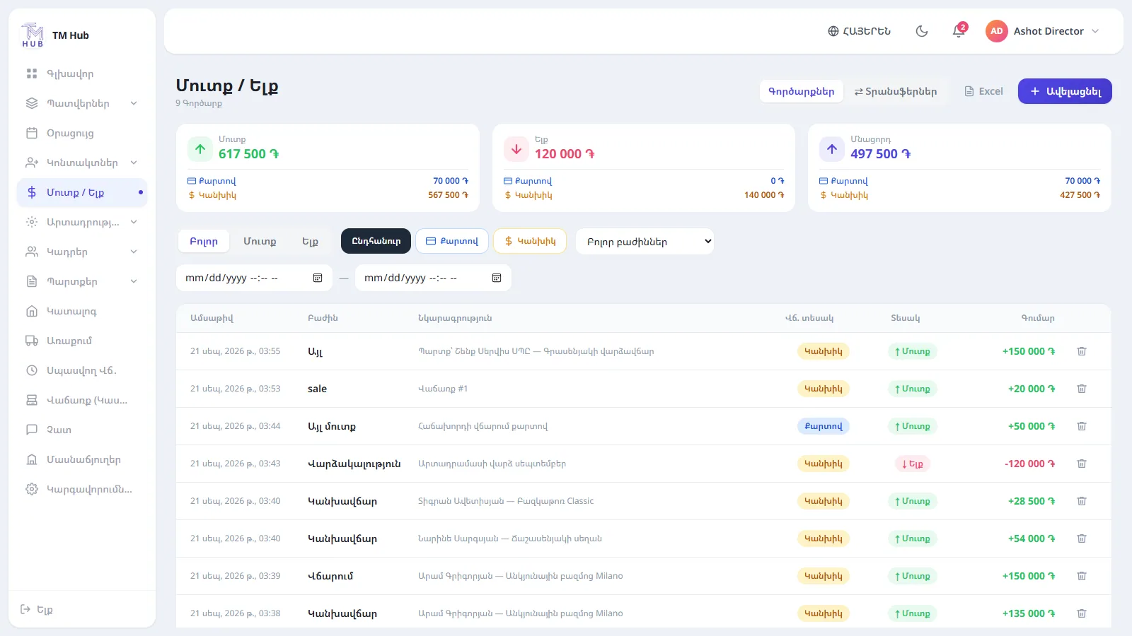 Մուտք և ելք TM Hub-ում